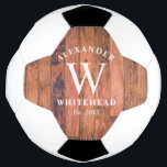 Bola de Futebol de Madeira em Monograma Russo<br><div class="desc">Este design rústico tem um fundo de madeira e um monograma familiar.</div>