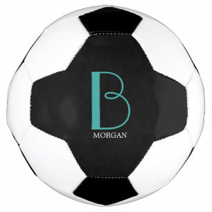 Bola De Futebol DIY Grande Monograma & Nome, Texto Branco/Teal, Pr