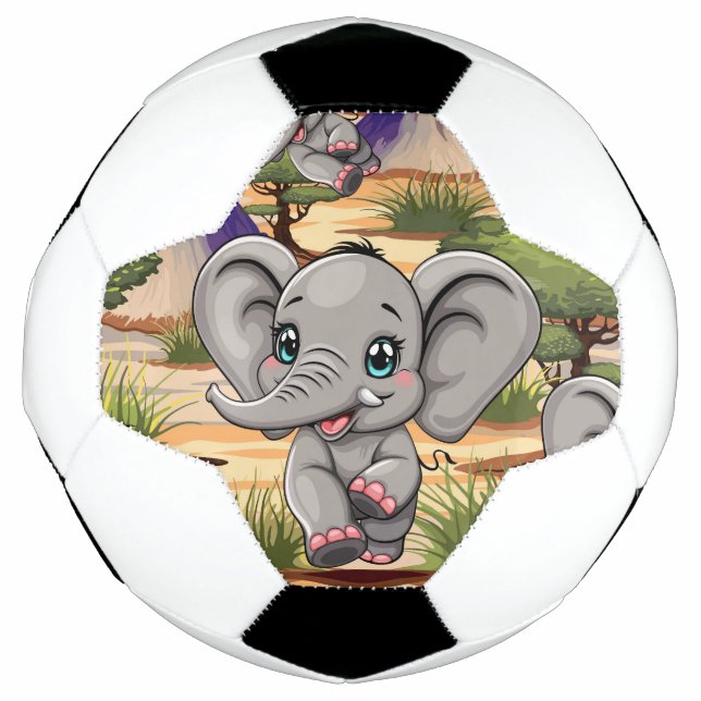 Bola De Futebol Elefante Bebê Pulando Feliz em Savana Africana (Frente)