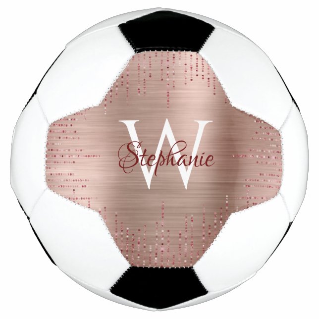 Bola De Futebol Elegante Rosa Dourado Monograma Sparkle (Frente)
