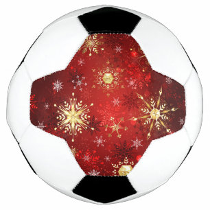 Bola De Futebol Flocos de neve do Ouro de Natal em Fundo Vermelho