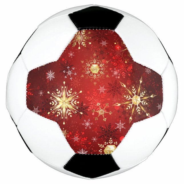 Bola De Futebol Flocos de neve do Ouro de Natal em Fundo Vermelho (Frente)