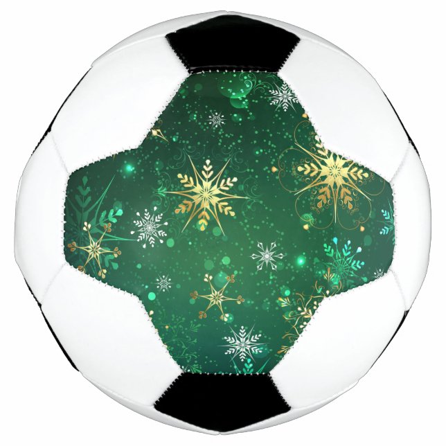 Bola De Futebol Flocos de neve do Ouro Xmas em fundo verde (Frente)