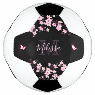 Bola De Futebol Flor de Cereja Preto Rosa Seu Nome Monograma