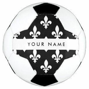 Bola De Futebol Flor de Lis, Branco sobre Preto, Branco, Seu Nome