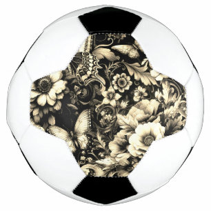 Bola De Futebol Floral Antiquado Monocromático com Borboletas