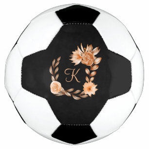 Bola De Futebol Floral Preto Marrom e Pêssego Monogramado