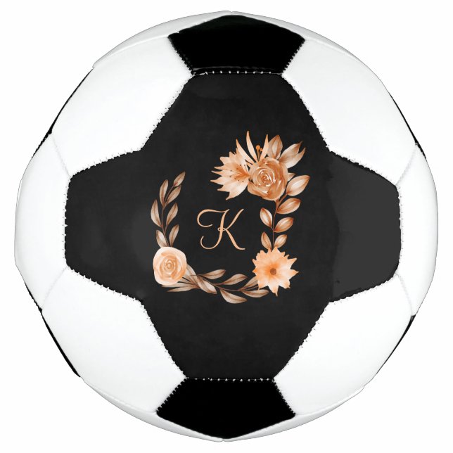 Bola De Futebol Floral Preto Marrom e Pêssego Monogramado (Frente)