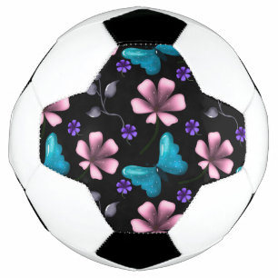 Bola De Futebol Floral Rosa Caprichoso e Borboleta Azul Sem Costur