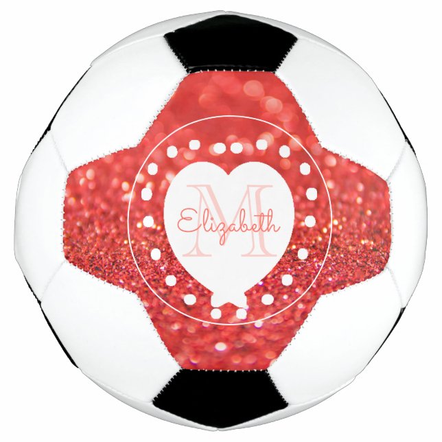 Bola De Futebol Girly Monogramo Coral Glitter Bokeh Coração Branco (Frente)
