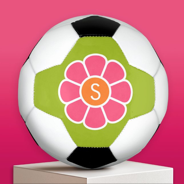 Bola De Futebol Groovy Pink Daisy com Monograma Laranja Personaliz (Custom Soccer Ball)