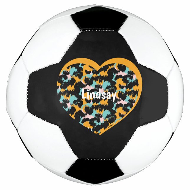 Bola De Futebol Heart Cheetah Animal Print Monograma Nome (Frente)
