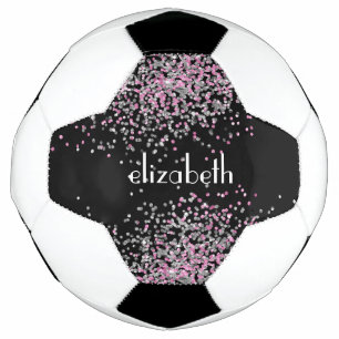 Bola De Futebol Iniciais de Nome Monograma Preto Rosa Brilho Prata