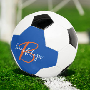 Bola De Futebol Laranja Branco Azul Cobalto Monograma Nome Rascunh