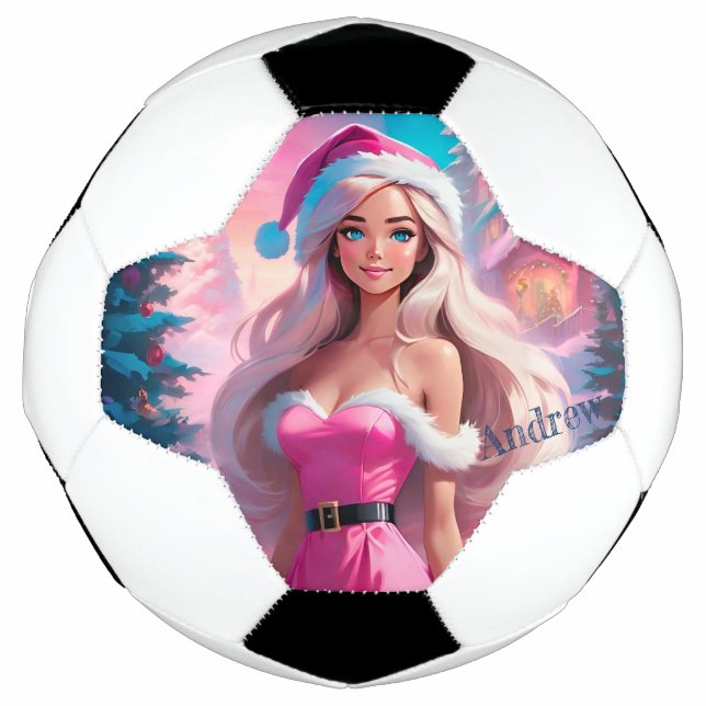 Bola De Futebol Linda garota de Natal rosa 01 (Frente)