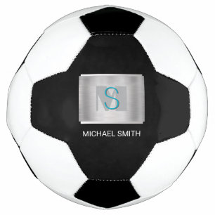 Bola De Futebol Monograma Cinza e Verde, Nome Branco Prata, Preto