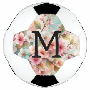 Bola De Futebol Monograma de aquarela floral com flores de cerejei