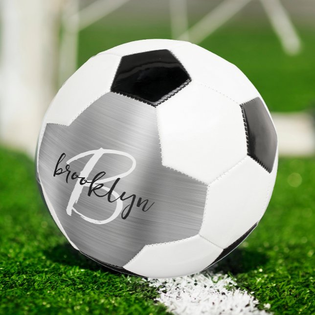 Bola De Futebol Monograma de letra cursiva preta e branca em Metal (Criador carregado)