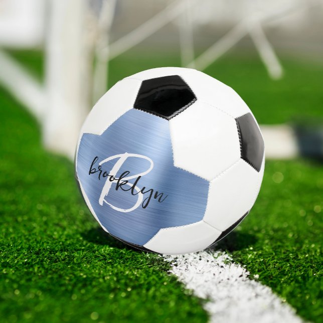 Bola De Futebol Monograma de Metal Escovado Azul em Preto e Branco (Criador carregado)