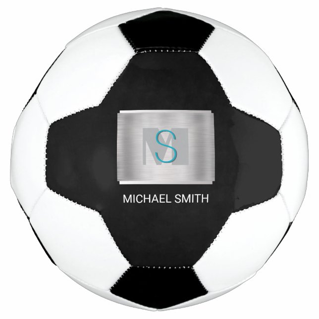Bola De Futebol Monograma de Teal e Cinza, Prata com Nome Branco,  (Frente)