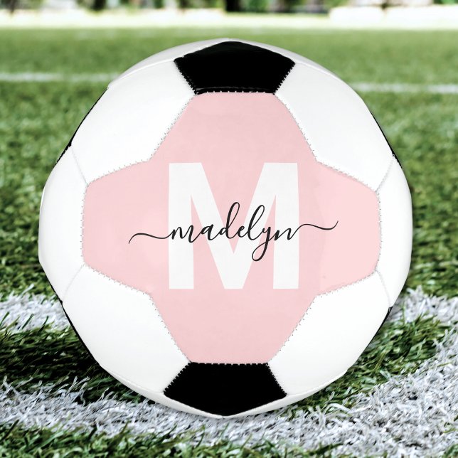 Bola De Futebol Monograma do Nome Rosa Esmagado (Blush Pink Name Monogram Soccer Ball)