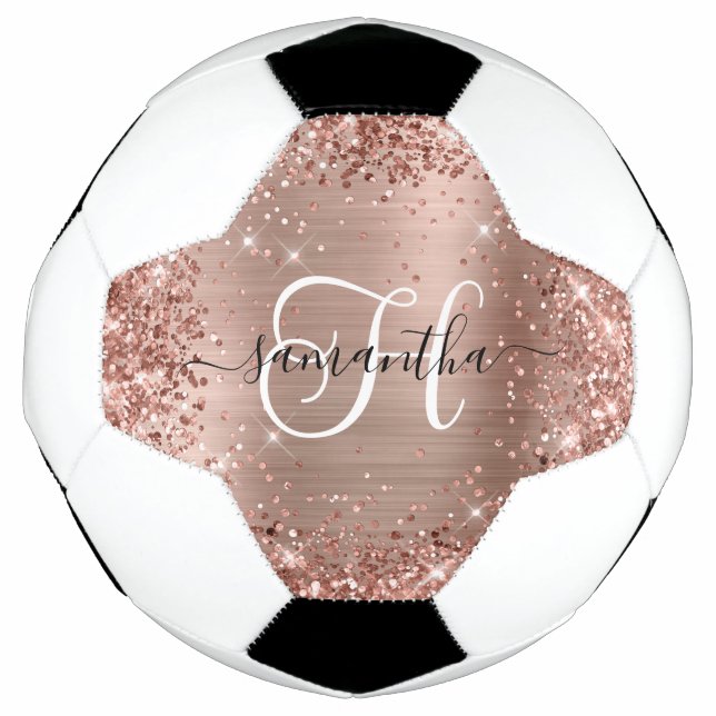 Bola De Futebol Monograma Dourado com Rosa de brilho (Frente)