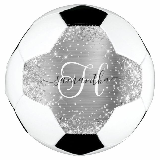 Bola De Futebol Monograma Glam Glitter Prata (Frente)