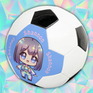 Bola De Futebol Monograma holográfico de Chibi em Azul  