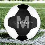 Bola De Futebol Monograma Nome Preto Branco<br><div class="desc">Crie Seu Próprio Monograma de Nome de Bola de Futebol Preto e Branco Personalizado. Este design apresenta uma bola de futebol clássica preta e branca com o seu monograma personalizado adicionado para um toque esportivo e pessoal. Uma inicial cinza ousada é combinada com o seu nome em letra cursiva branca...</div>