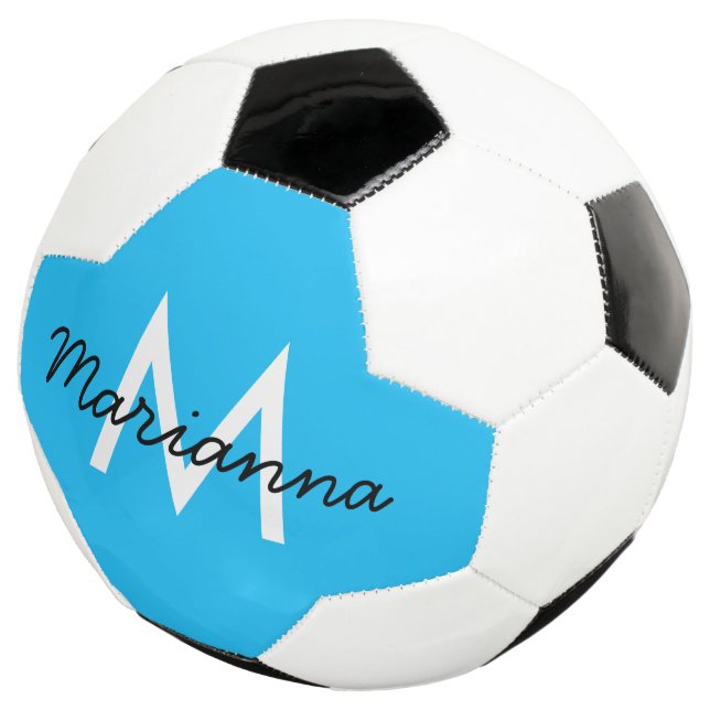 Bola De Futebol Monograma Personalizado Neon Cyan Blue (Três quartos)