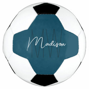 Bola De Futebol Nome de Monograma Moderno em Azul Script