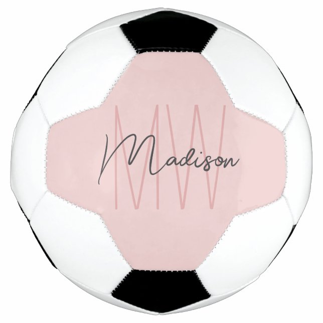 Bola De Futebol Nome de Monograma Moderno em Rosa Bege Script (Frente)