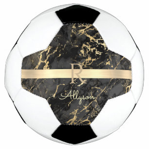 Bola De Futebol Nome e Monograma DIY, Barra Dourada, Mármore Preto