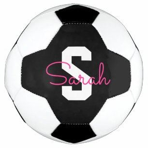 Bola De Futebol Nome Fofo & Monograma Preto Branco & Rosa