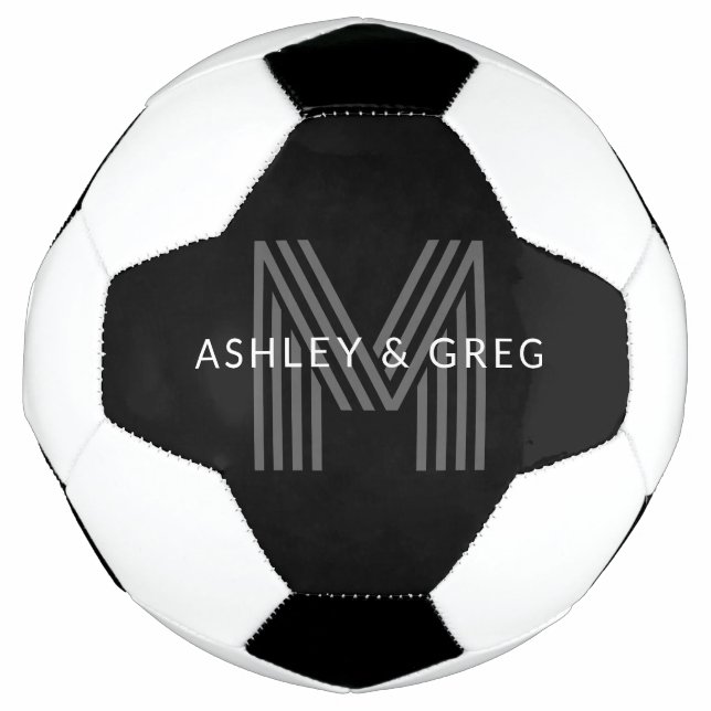 Bola De Futebol Nome Retro Moderno Monograma Editável Preto e Cinz (Frente)