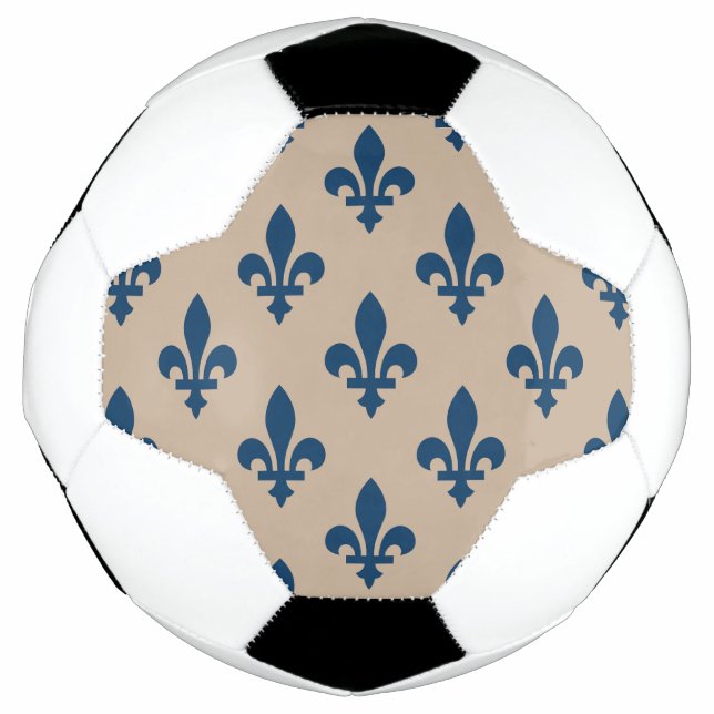 Bola De Futebol Padrão Fleur de Lis, Azul Real Francês em Creme (Frente)