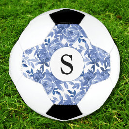 Bola De Futebol Padrão Floral Azul Monograma