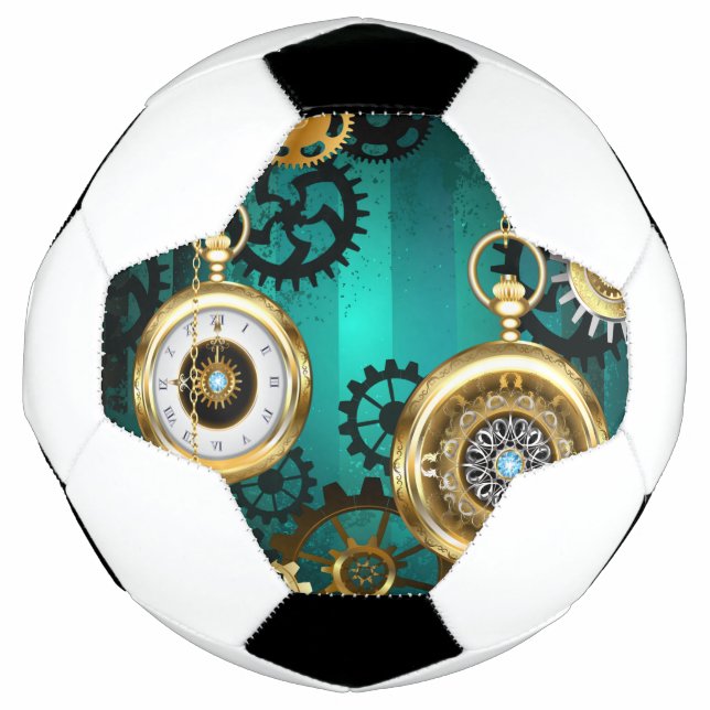 Bola De Futebol Steampunk Jewelry Watch on a Green Background (Frente)