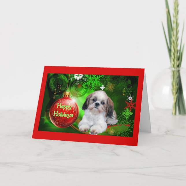 Bola do cartão de Natal de Shih Tzu boas festas (Frente)