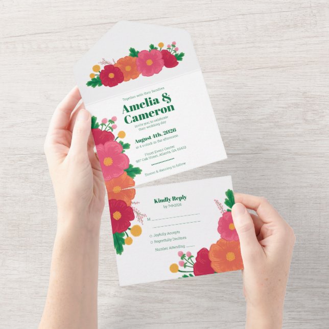 Bold Blooms Todos Em Um Convite De Casamento (Aba destacável)