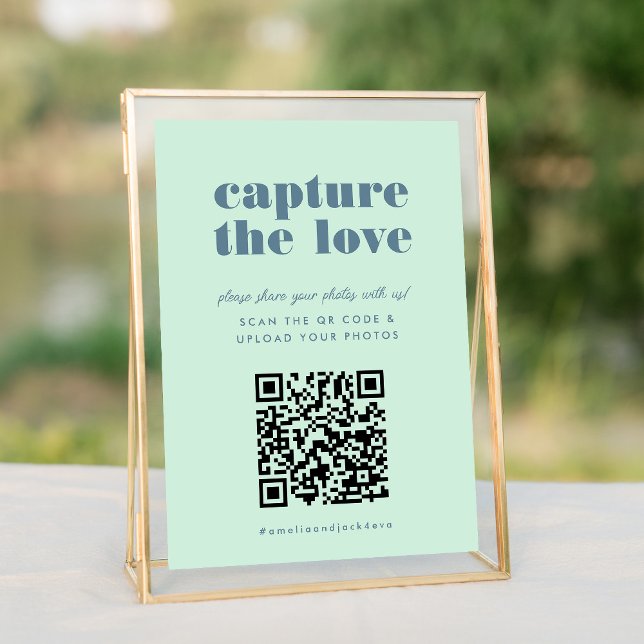 Bold Blue Capture o Sinal de Casamento do Código Q (Bold Blue Capture the Love QR Code Wedding Share Your Photo Hashtag Sign)