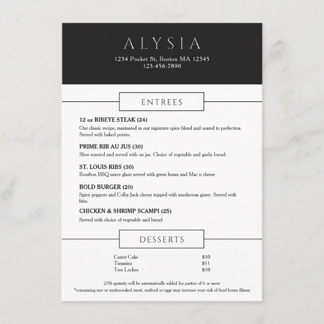 Bold Modern Steakhouse Flat Menu (Frente)