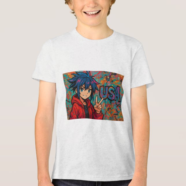 Bold Red Anime USA Graphic T-Shirt (Frente)