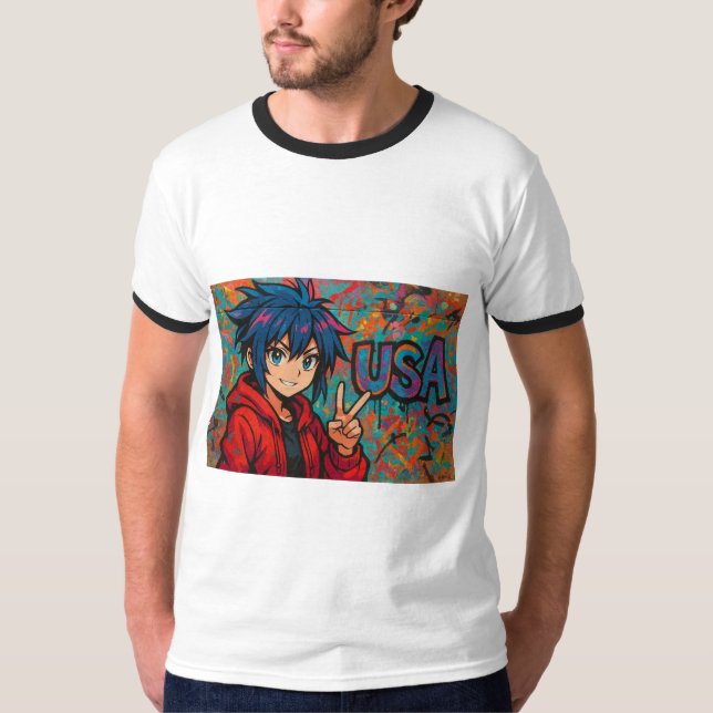 Bold Red Anime USA Graphic T-Shirt (Frente)