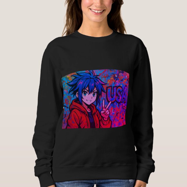 Bold Red Anime USA Graphic T-Shirt (Frente)