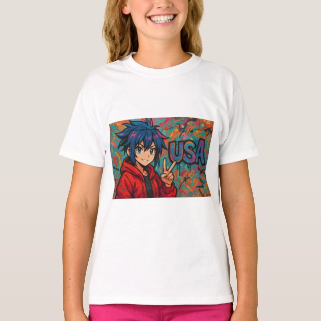 Bold Red Anime USA Graphic T-Shirt (Frente)