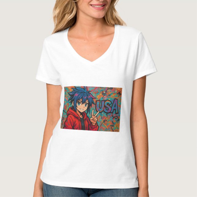 Bold Red Anime USA Graphic T-Shirt (Frente)