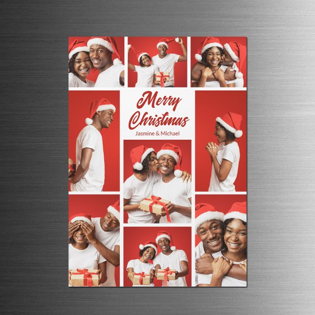 Bold Red Merry Christmas Photo Collage Magnet Card (Criador carregado)