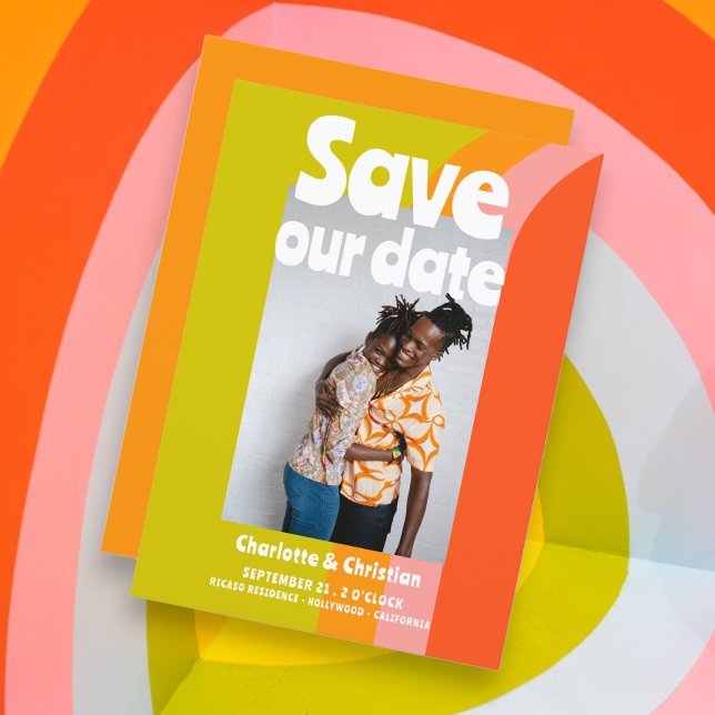 Bold Retro Citrus Salve Nosso Casamento De Data (Bold Retro Citrus Save Our Date Wedding Announcements from Ricaso. A fun personalized card)