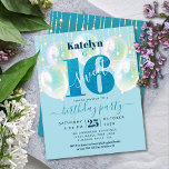 Boletim Azul de Orçamento Doce 16 Balões Convite<br><div class="desc">"Feliz Doce 16". Envie este convite de festas de orçamento impressionante, simples, festivo, moderno e personalizado para um evento que se lembre. A tipografia azul-lacrimogênea, gráfica, profunda e escrita manuscrita recobre um brilho azul-lacrimogêneo "16", balões azul-aqua verdes e luzes de cordas brilhantes douradas sobre um fundo azul-aqua-claro-suave. Personalize o texto...</div>